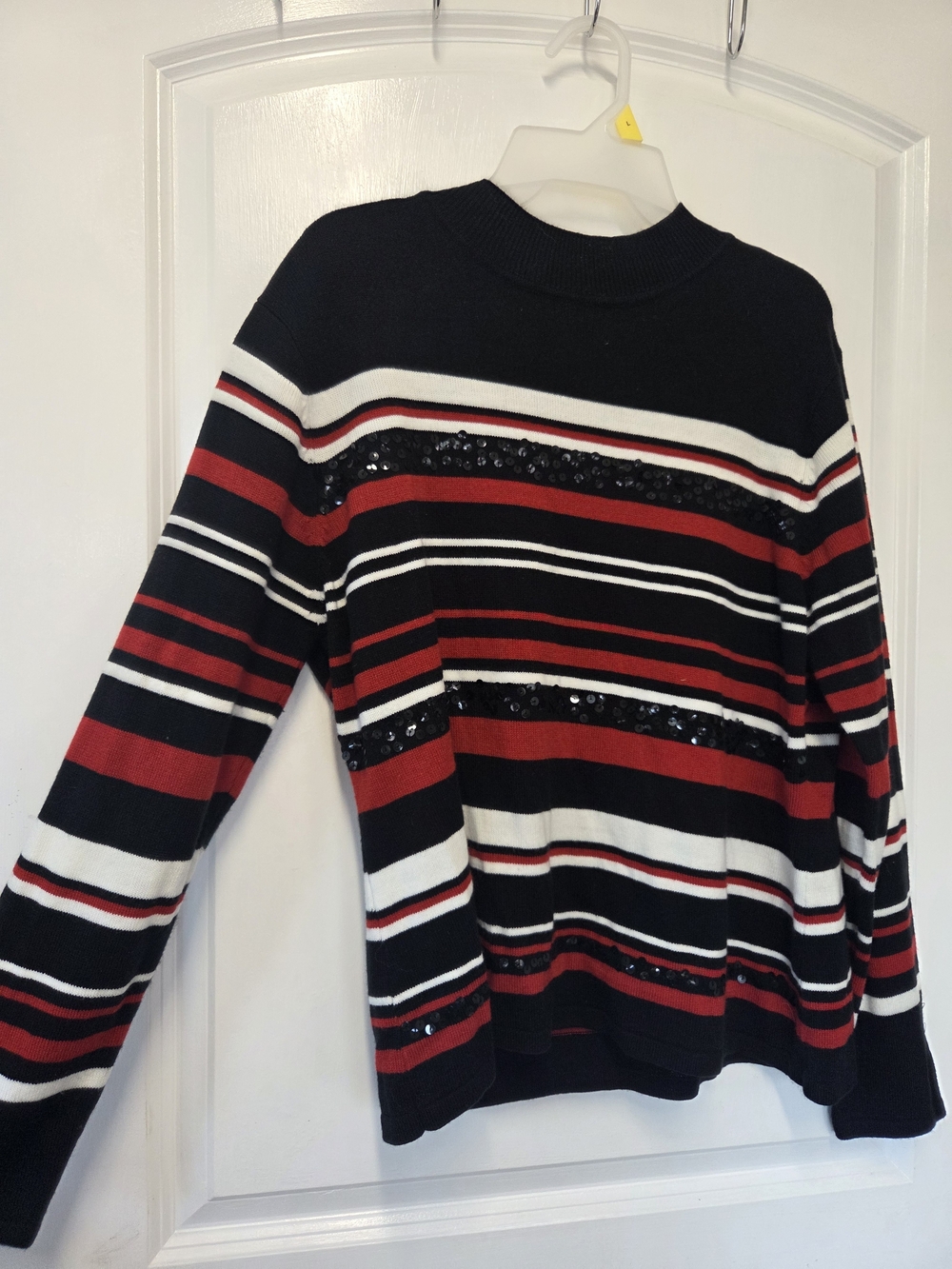 Kathie Lee Collection Black, Red & White Striped Sequin Crewneck Sweater